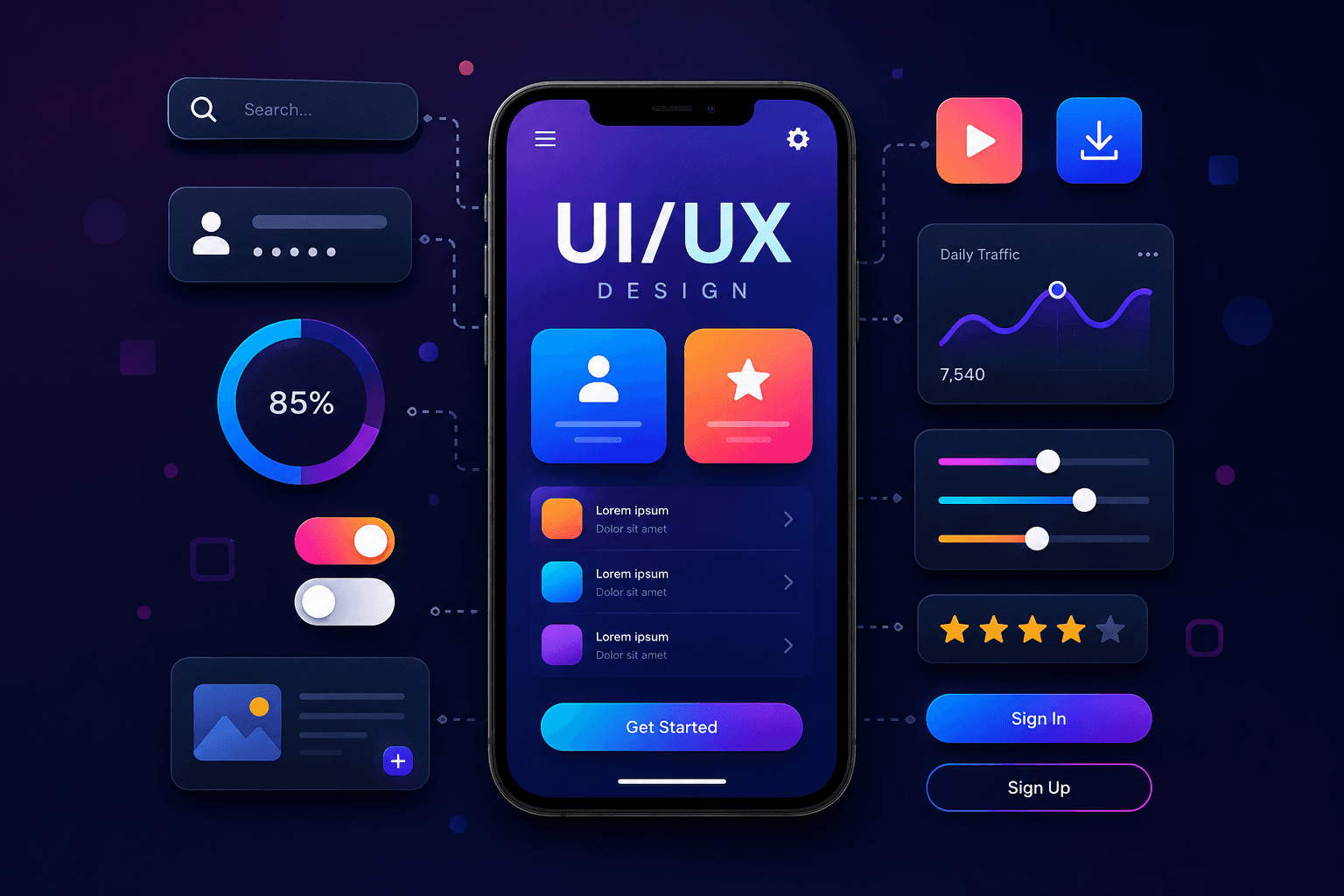 Modern UI UX design concept showing a mobile interface and interactive design components