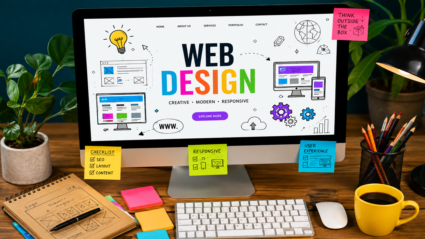 Modern web design workspace showing a responsive website interface