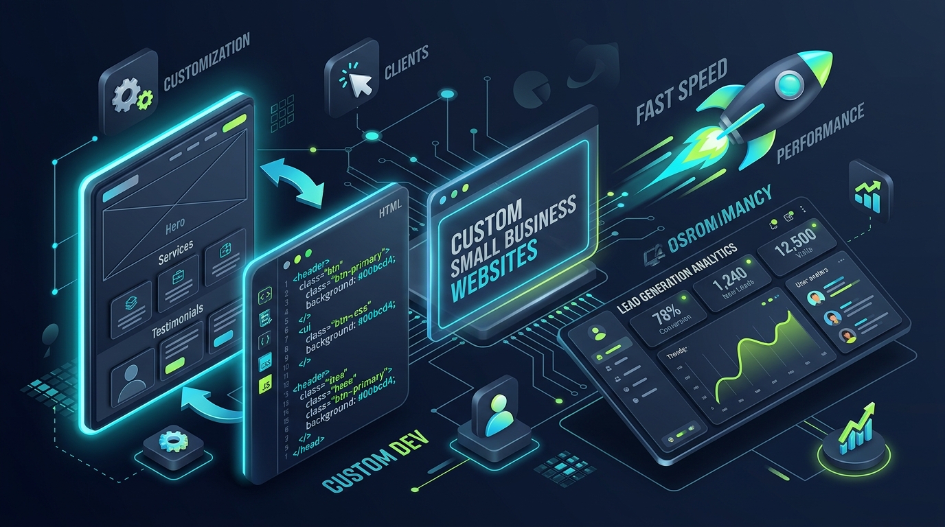 Custom website development for small business diagram comparing template and custom architecture