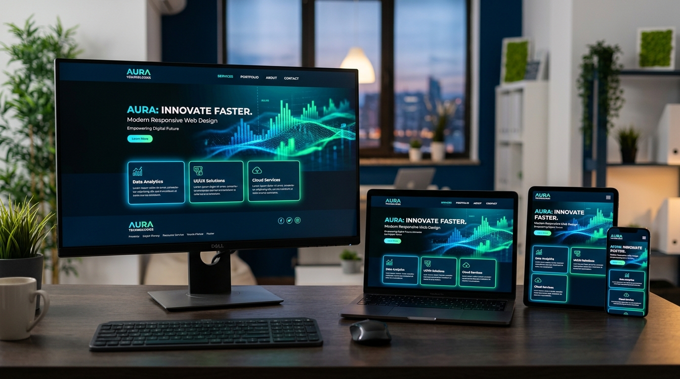 Responsive web design showcase displayed across desktop monitor, laptop, tablet, and smartphone screens