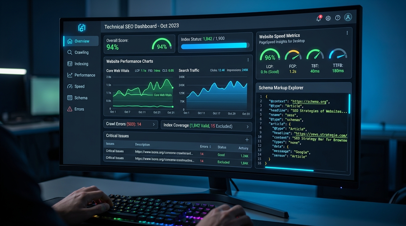 Technical SEO performance dashboard featuring Core Web Vitals, Schema markup code inspector, and crawl analytics