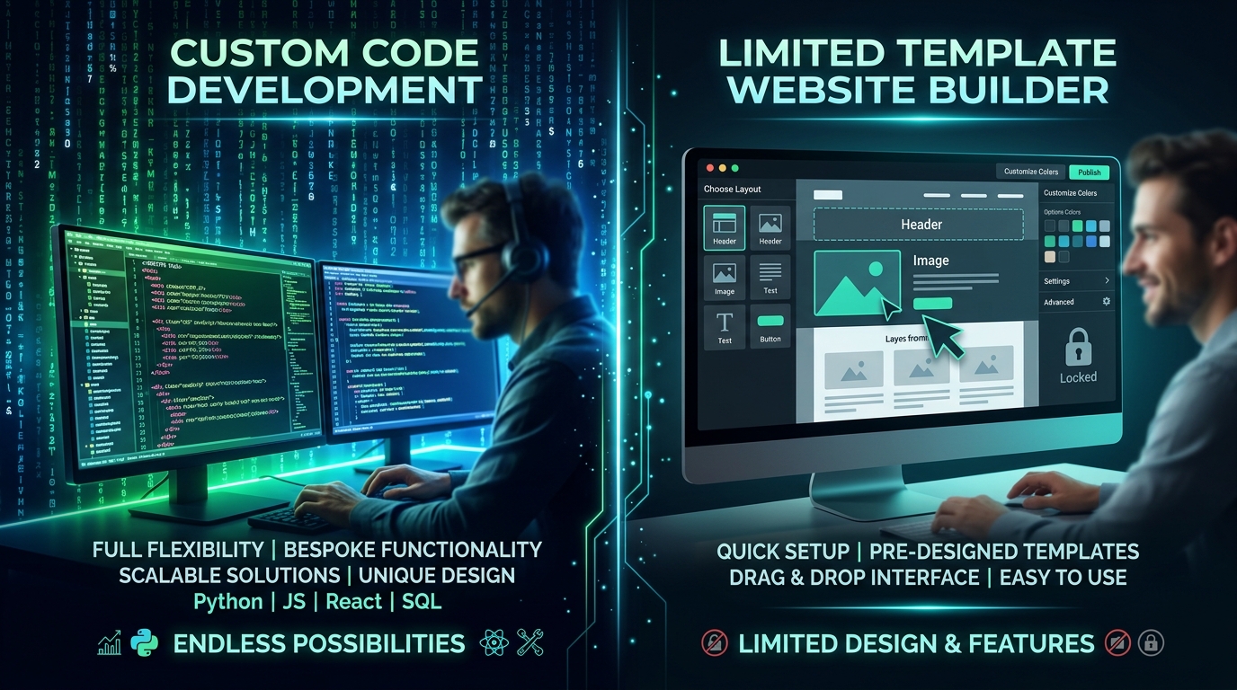 Split screen comparison showing bespoke custom code engineering vs limited drag-and-drop website builder templates