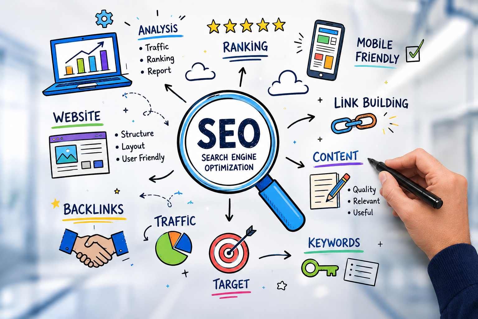 SEO performance dashboard displaying ranking analytics, Core Web Vitals scores, and crawl error audits