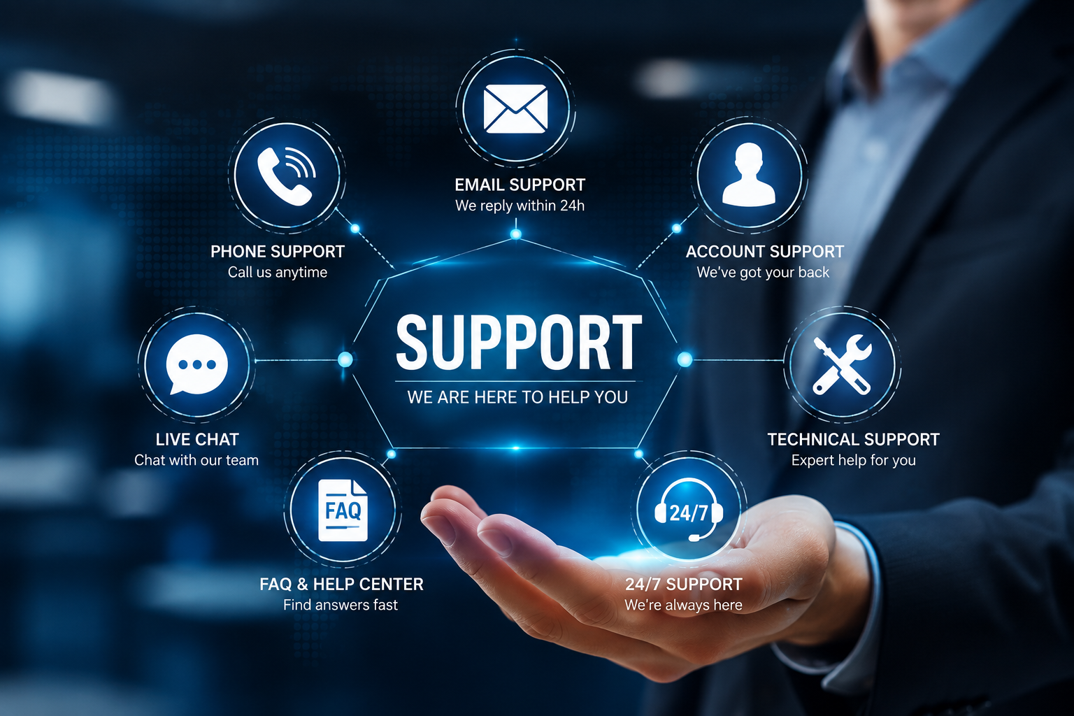 Technical website support dashboard showing server status, uptime monitoring, security audits, and live assistance